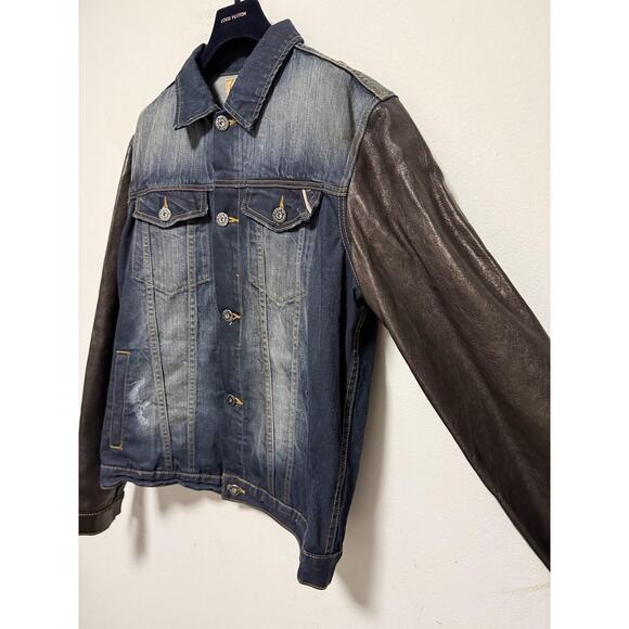 Cult of Individuality Denim Jacket Mens 2XL Leather Sleeves Trucker 628-255A - Picture 5 of 16